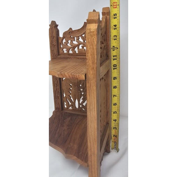 Vintage 16” Hand Carved Wood Folding Corner Display Shelf 2 Tier Owl India - Picture 14 of 16